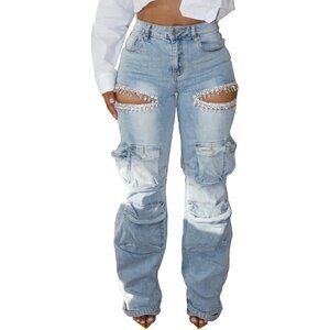 Women Rhinestone Cargo Jeans High Waist Ripped Stretchy Denim Pants